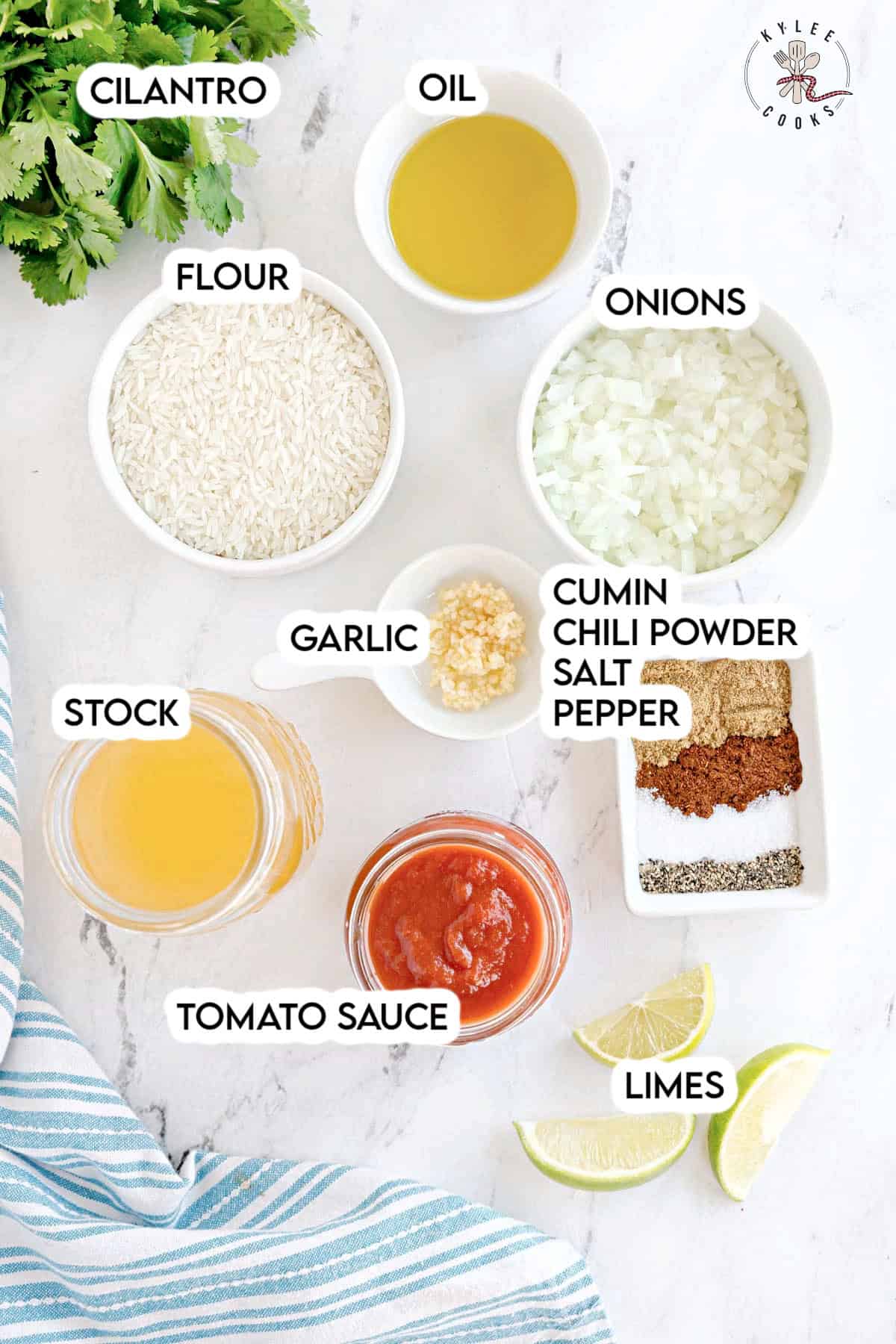 Ingredients for Spanish rice arranged on a counter. Text on the image says 'CILANTRO', 'OIL', 'ONIONS', 'FLOUR', 'GARLIC', 'CUMIN', 'CHILI POWDER', 'SALT', 'PEPPER', 'STOCK', 'TOMATO SAUCE', 'LIMES'.