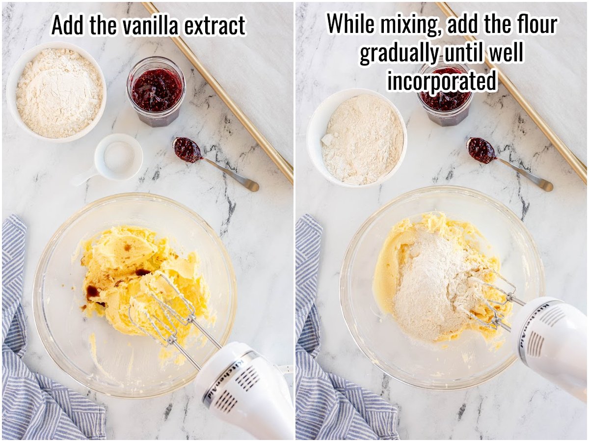 collage of process to make cookie dough. adding vanilla and flour.