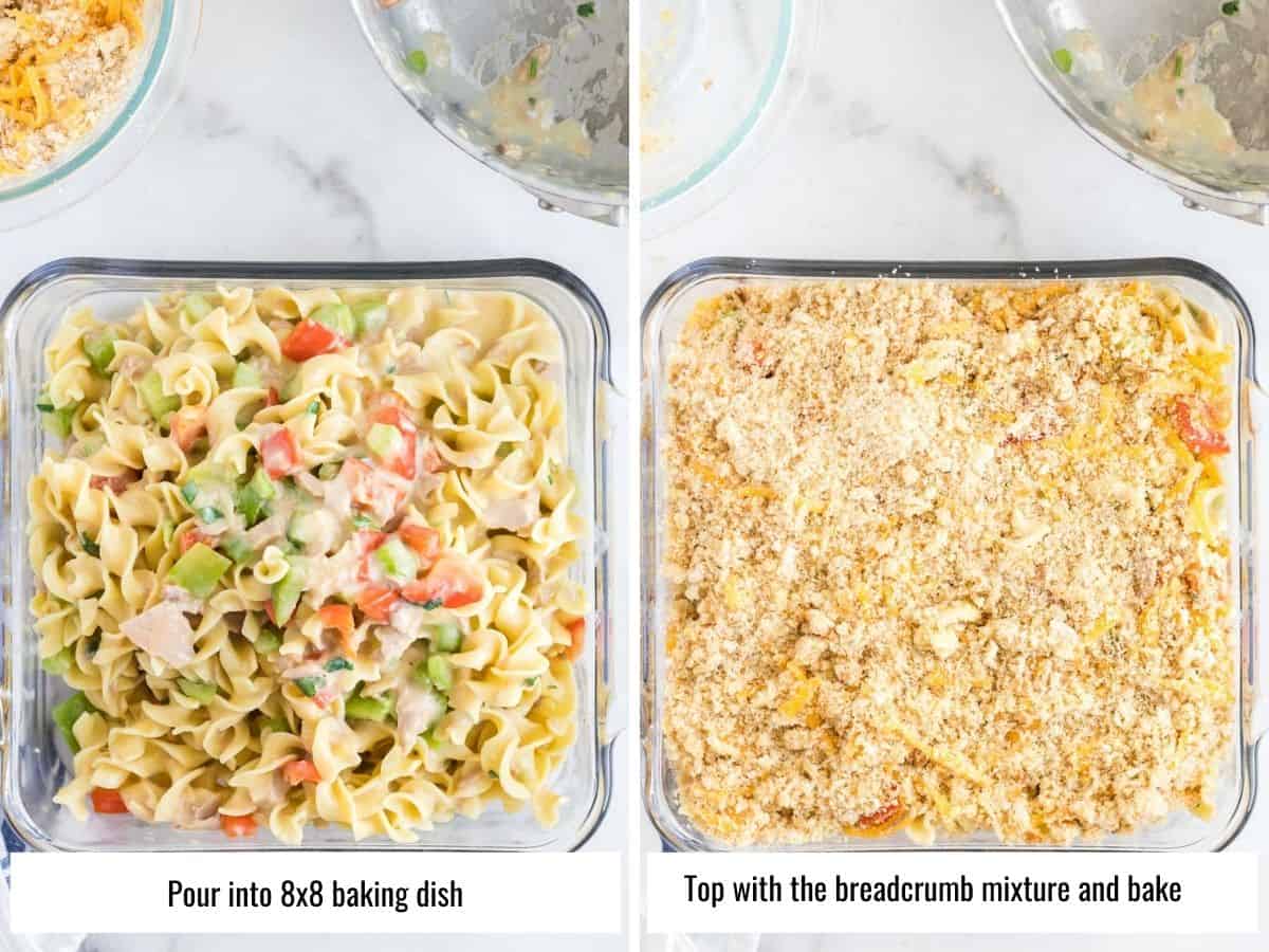 collage showing steps to make tuna noodle casserole